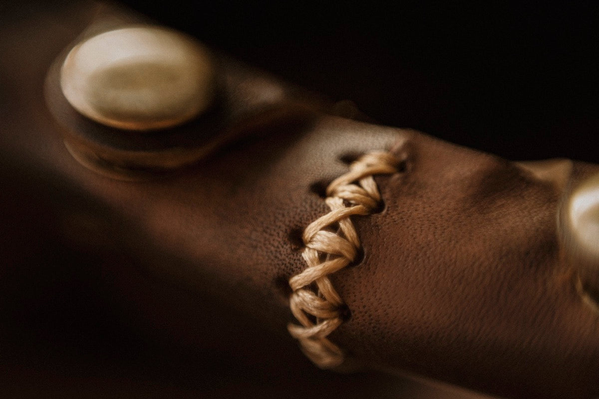 Close-up of the laced leather seam